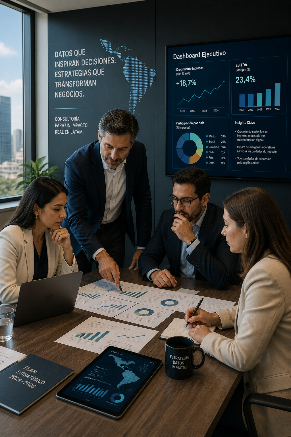 Equipo directivo trabajando con datos
